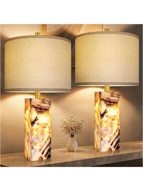 Set of 2 Elegant 23" Alabaster Table Lamps with Night Light for Bedroom Decor